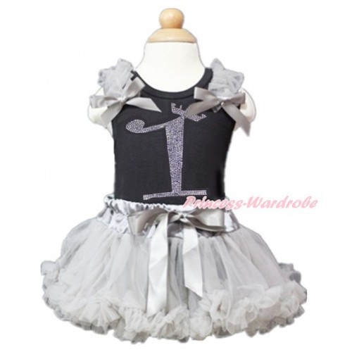 Black Baby Pettitop with Grey Ruffles & Grey Bow with 1st Sparkle Crystal Bling Rhinestone Birthday Number Print with Grey Newborn Pettiskirt NG1360 